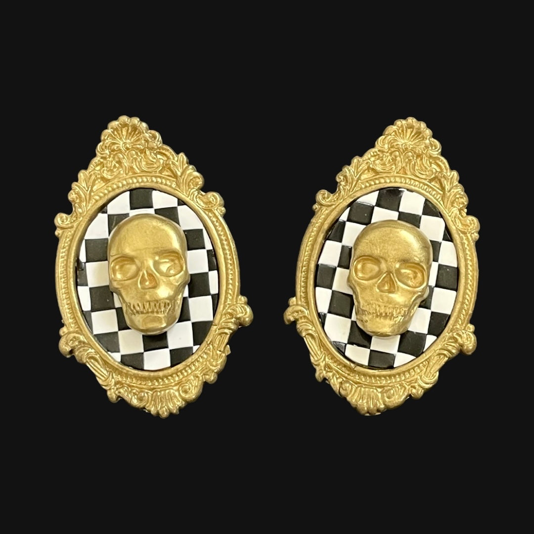 Cameo Checkered Skulls- Studs