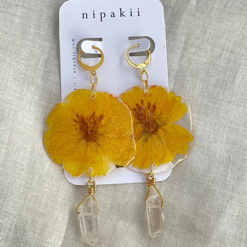 Yellow Flower and Crystal Earrings