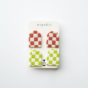 Lime Green and Red Rock Checkered Bell Studs