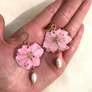 Pink Flower and Pearl Dangles