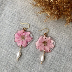 Pink Flower and Pearl Dangles